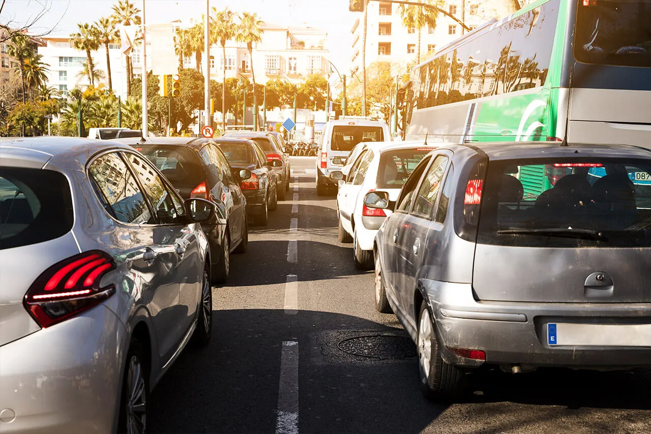 Cars backed up in heavy traffic on a city street